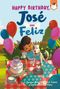 "Happy Birthday, José and Feliz" steht oben. Ein Junge und ein Hund feiern mit Kuchen und Luftballons im Garten.