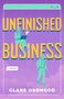 "Unfinished Business, A Novel, Clare Osongco." Zwei Personen, eine mit Laptop, vor lila Hintergrund und Wolken., Buch