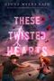 Text: "These Twisted Hearts" von Ginny Myers Sain. Dunkle Wolken, Blitz, fliegende Blätter, Mann und Frau auf einem Weg., Buch