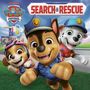 "Search & Rescue" in roten Buchstaben, davor fröhliche animierte Hunde in Uniformen, im Hintergrund eine Station.