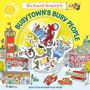 "Richard Scarry's Busytown's Busy People". Illustration mit Tieren in Fahrzeugen, Stadtleben und fröhlichen Farben.