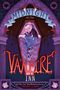 Text: "MIDNIGHT AT THE VAMPIRE INN." Illustration: Blondes Kind in violettem Sarg, Fledermaus-Symbol oben., Buch