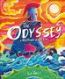 "The Odyssey: A Modern Retelling" von Liv Albert. Ein Krieger in Helm, ein Schiff, bunte Wellen und ein leuchtender Himmel.