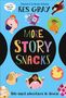 Text: "MORE STORY SNACKS", "Bite-sized adventures to devour". Bunte Illustrationen von Tieren und Kindern auf hellblauem Hintergrund.