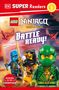 "Battle Ready! Level 2. Reading is my superpower." LEGO Ninjago-Figuren in Kampfpose mit Schwertern. Drachen im Hintergrund.