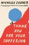 Text „THANK YOU FOR YOUR SUFFERING“, ein blaues Feld, rote Fläche darunter mit weißem Text. Eine Person trägt eine Last., Buch