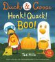 „Duck & Goose: Honk! Quack! BOO!“ von Tad Hills. Zwei Vögel mit Kürbissen vor einem blauen Hintergrund., Buch