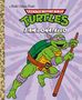 Text: "I Am Donatello". Illustration von Donatello, einer Schildkröte mit Lila-Maske, grün, mit Stock, dynamischer Hintergrund.