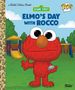 Text: "Elmo's Day with Rocco". Illustration eines roten Charakters in einem Garten mit Spielplatz und gelber Rutsche., Buch
