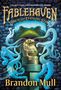 "Fablehaven: Rise of the Evening Star" von Brandon Mull. Ein Frosch und magische Lichtwesen vor einer Steinstatue mit Kröte., Buch