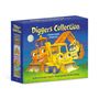 "Diggers Collection, 4 Board Books Boxed Set." Illustration von fröhlichen Baufahrzeugen vor einem nächtlichen Himmel.