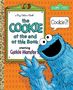 Text: "the COOKIE at the end of this Book starring Cookie Monster." Illustration: Der blaue Krümelmonster fröhlich winkend., Buch