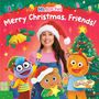 "Merry Christmas, Friends!" Oben: "Ms. Rachel". Illustration mit fröhlichen Figuren und Weihnachtsbaum.