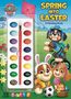 "SPRING INTO EASTER A Painting Book." Drei fröhliche Hunde mit Drachen und Ostereiern im Freien, Malpalette und Pinsel links., Buch