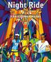 "Night Ride, Christopher Myers". Eine lebendige Illustration mit fünf Fahrradfahrern, umgeben von farbenfrohen geometrischen Mustern., Buch