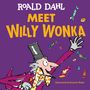 "ROALD DAHL MEET WILLY WONKA" in Gelb. Eine Illustration von Willy Wonka in Zylinder, mit bunten Süßigkeiten., Buch