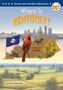 "Where Is Kentucky?" steht in großen Buchstaben vor Louisville Skyline. Prunkvogel, Pferd, Flagge und Landschaft sind sichtbar.