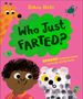 "Who Just FARTED?" in einer grünen Wolke. Kinderbuchcover mit einer Giraffe, einem Kind und einem gepunkteten Tier.