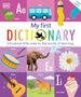 „My first DICTIONARY. Introduce little ones to the world of learning.“ Bilder: Apfel, Bus, Farbe, Trommel, Elefant, Blume, Gitarre, Pferd, Eis.