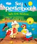 Text: "Say peekaboo! Kid's First Vacation." Zwei Tiere mit Sommerzubehör an einem See, im Hintergrund Zelte.