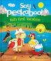 "Say peekaboo! Kid's First Vacation." Illustration: Tiere am Steg, Berge, See, Sonne, bunte Zelte im Hintergrund.