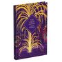 "The Great Gatsby, F. Scott Fitzgerald." Buntes Feuerwerk, violetter Hintergrund, dynamische gelbe und orangefarbene Linien.
