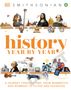 Titel: "history YEAR BY YEAR". Untertitel: "A journey through time, from mammoths and mummies to flying and Facebook". Oben viele historische Figuren und Symbole.