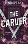 **THE CARVER** in weißem Text auf dunkelviolettem Hintergrund, umgeben von Blumen und zwei gekreuzten Messern., Buch