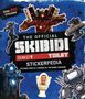 Text: "The Official Skibidi Toilet Stickerpedia." Illustration mit Charakteren und Maschinen, dynamisch platziert., Buch