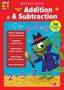 Text oben: "Addition & Subtraction". Darunter ein gezeichneter Chamäleon-Detektiv mit Hut und Lupe. Bunte Zahlen und Formen., Buch