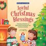 "Joyful Christmas Blessings" - Zwei Kinder in Weihnachtspullovern, ein Weihnachtsbaum, Kamin und Krippe sind abgebildet.