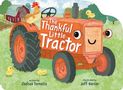"The Thankful Little Tractor" in großen weißen Buchstaben auf einem fröhlich blickenden, orangefarbenen Traktor mit Tieren., Buch