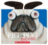 „PIG the PUG, PIG’S EARS“, Illustration eines Mopses mit großen Augen und flauschigen Ohren auf blauem Hintergrund.