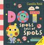 Titel: „DOT. spots lots of spots“. Buntes Kinderbuchcover, verspielte Buchstaben und fröhliche Tierillustrationen.