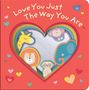 „Love You Just The Way You Are“ umrahmt ein Herz. Tierillustrationen: Giraffe, Löwe, Erdmännchen, Affe, Elefant.
