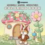"Adorable Animal Adventures: Coloring Book" und ein Zooppeez-Logo. Ein Hund vor einem Pilzhaus mit Blumen und einer Schnecke.