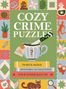 „COZY CRIME PUZZLES“, Stapel Bücher, Messer in Tasse, bunte Randmuster mit Verbrechensthemen.
