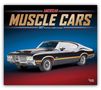 Text: "AMERICAN MUSCLE CARS 2027 OFFICIAL 16-MONTH CALENDAR". Klassisches schwarzes Muscle-Car auf blau-rotem Hintergrund., Kalender