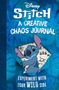 „Stitch: A Creative Chaos Journal. Experiment with your wild side.“ Illustration von Stitch vor blauem Hintergrund.