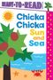 Logo: „Chicka Chicka Sun and Sea“. Illustration mit Sonne, Palme, Strand, Meer, Seesternen und Krabbe., Buch