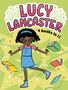 "LUCY LANCASTER, 4 books in 1!" Mädchen tanzt fröhlich mit Büchern, bunte und verspielte Illustration.