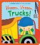 „Vroom, Vroom, Trucks!“ Eine Illustration eines Kindes im Bauhelm auf einem gelben LKW. Ein Kran ist rechts sichtbar.