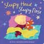 „Sleepy Head, Sleepy Nose“ in gelber Schrift. Kleines Kind kuschelt mit einem Plüschfuchs im Bett., Buch