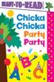 Text: "Chicka Chicka Party Party". Bunte Buchstaben mit Partyhüten, Luftballons und Konfetti.