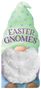 Text: "EASTER GNOMES". Illustration eines Gnoms mit grünem, gepunktetem Hut und flauschigem weißen Bart., Buch