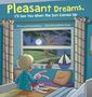 "Pleasant Dreams, I'll See You When the Sun Comes Up." Kind sitzt mit Kuscheltier am Bett, sieht aus dem Fenster auf Mond., Buch