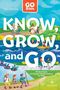 "GO Bible" und "Know, Grow, and Go" ist in großen Buchstaben geschrieben. Kinder fahren Fahrrad, paddeln und wandern in einer bunten Landschaft.