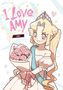 "I Love Amy", Vol. 1 daneben "UNNNI". Blonde Frau, Tiara, Ballkleid, Blumenstrauß, helles Design mit Herzen., Buch