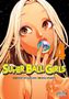 "Super Ball Girls", Band 4; Frau mit leuchtenden Augen, hält bunten Ball mit den Lippen, blondes Haar, Illustration., Buch