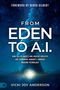 Buchcover mit Text: "FOREWORD BY DEREK GILBERT", "FROM EDEN TO A.I.", "VICKI JOY ANDERSON". Illustration eines leuchtenden Turms.